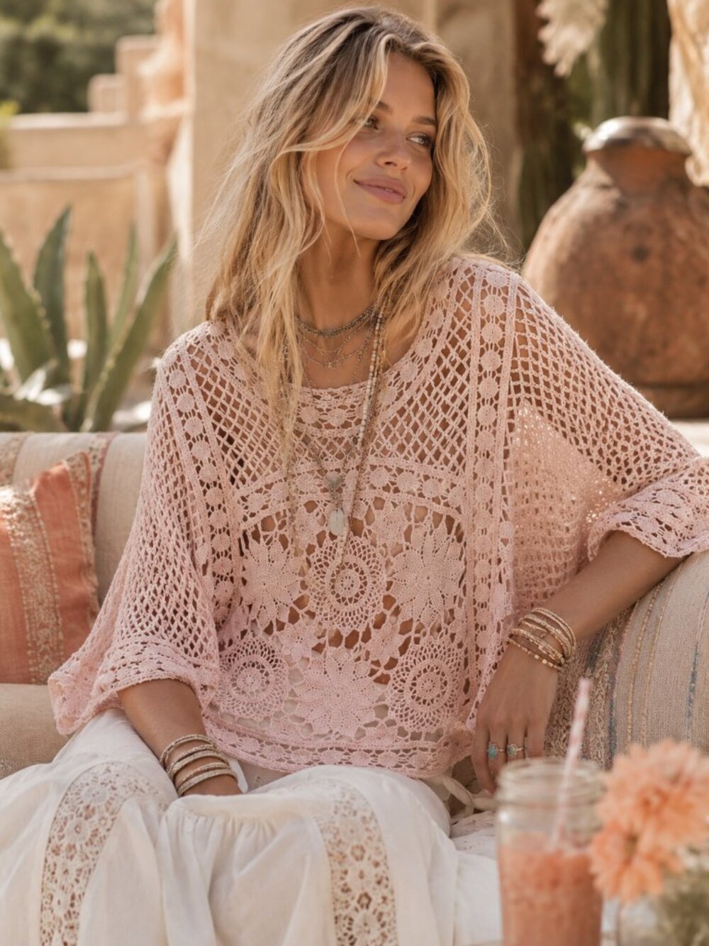 SUNDANCE Crush On Pink Crochet Top XS Lace Kimono Batwing Sleeve Boho Sweater